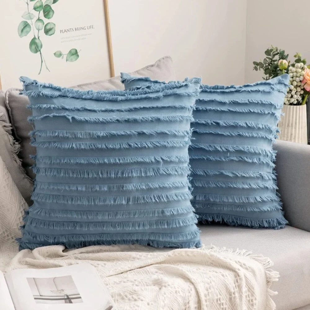 Luxe Home | Oversized Charleston Blue Frayed Striped Jaquard Euro Pillow Covers
